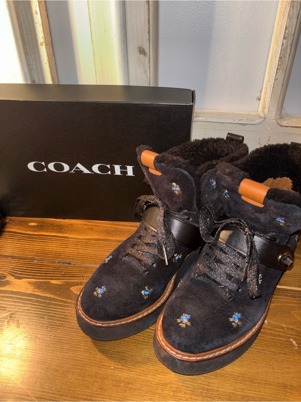 Coach Black Suede Embroidered Lace-Up Boots with Brown Trim